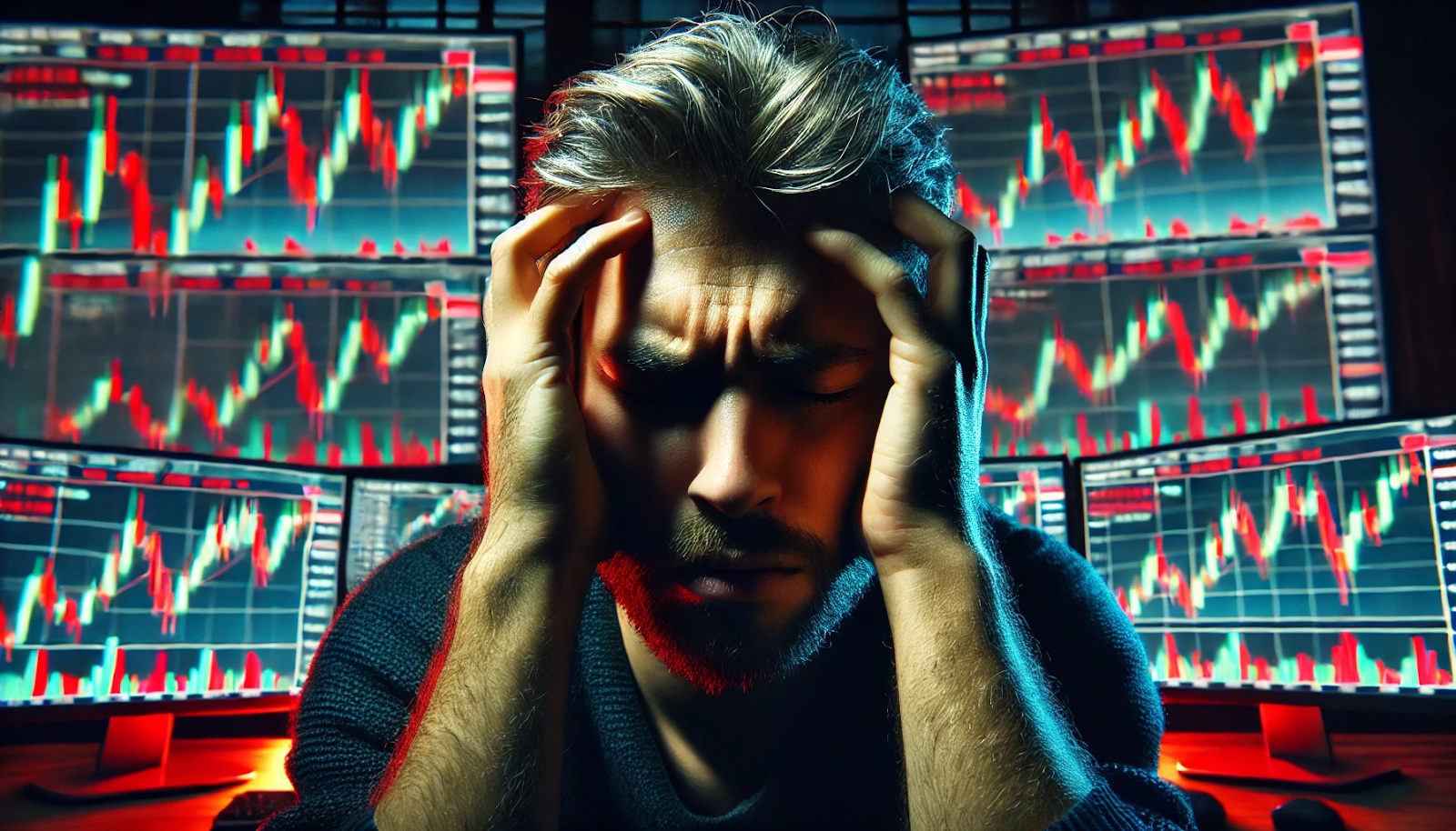 Intraday trading vs. long-term investing: Which is better? 3 Indian Stock Market Stressed intraday trader overwhelmed by volatile stock market fluctuations on multiple monitors.