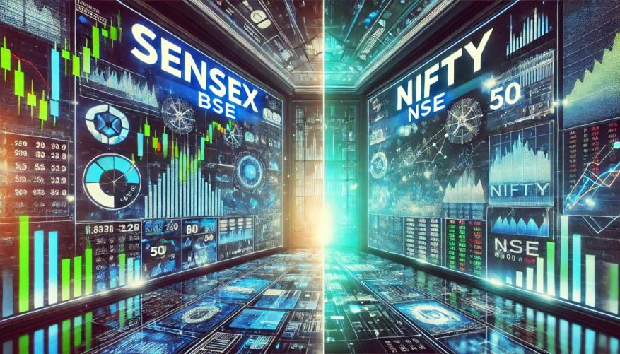 Infographic comparing Sensex and Nifty stock indices, highlighting key differences in stock count, exchange, market coverage, and sector representation.